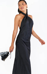 Jasmine Halter Maxi Dress ~ Black Luxe Satin