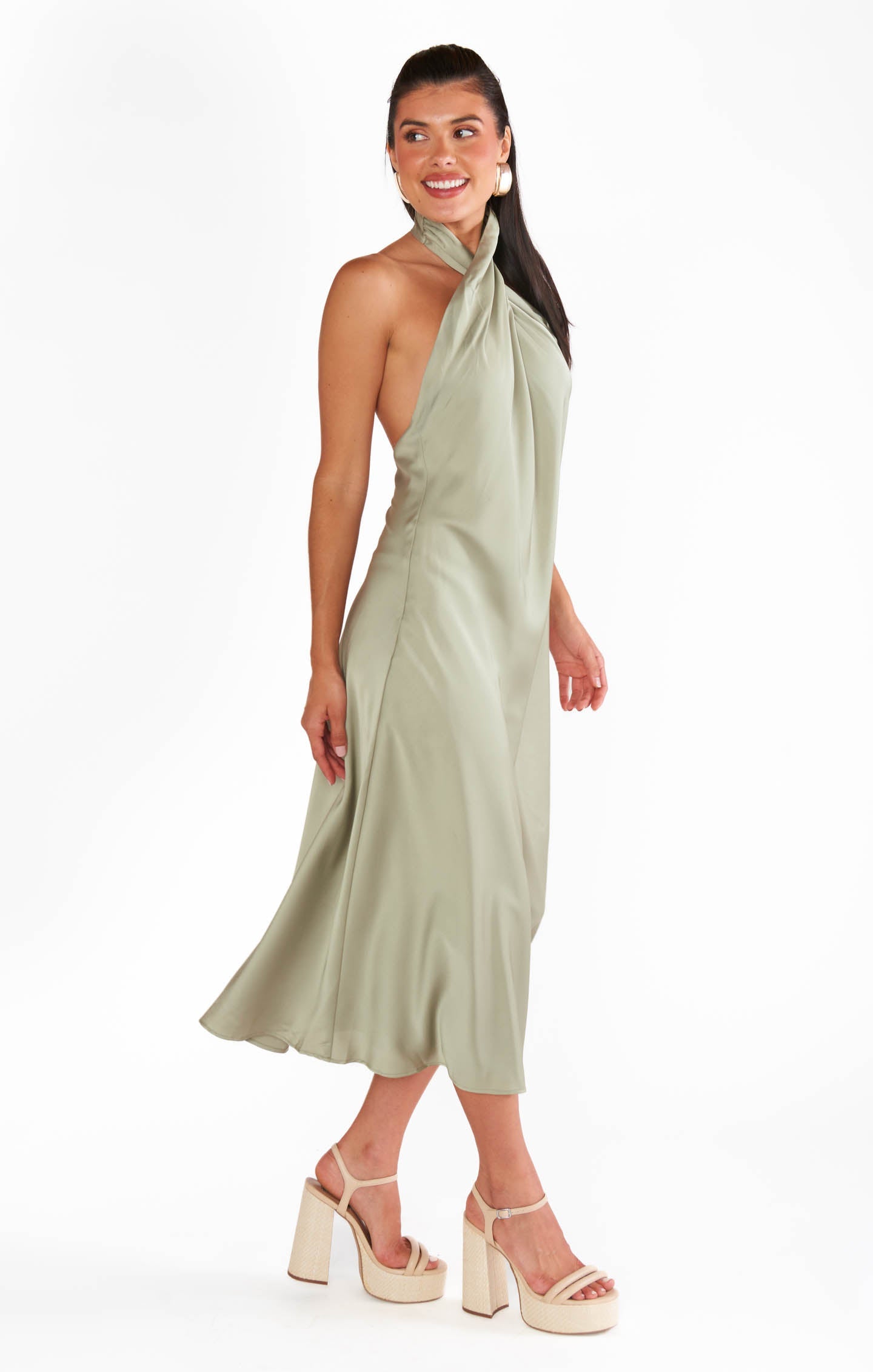 Jasmine Halter Midi Dress ~ Moss Green Luxe Satin