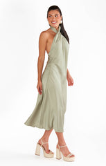 Jasmine Halter Midi Dress ~ Moss Green Luxe Satin