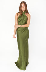Jasmine Halter Maxi Dress ~ Rich Olive Luxe Satin