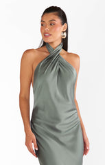 Jasmine Halter Maxi Dress ~ Deep Sage Luxe Satin