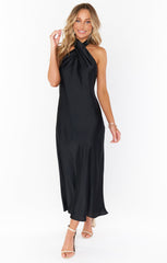 Jasmine Halter Midi Dress ~ Black Luxe Satin