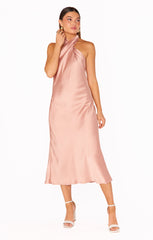 Jasmine Halter Midi Dress ~ Rose Gold Luxe Satin