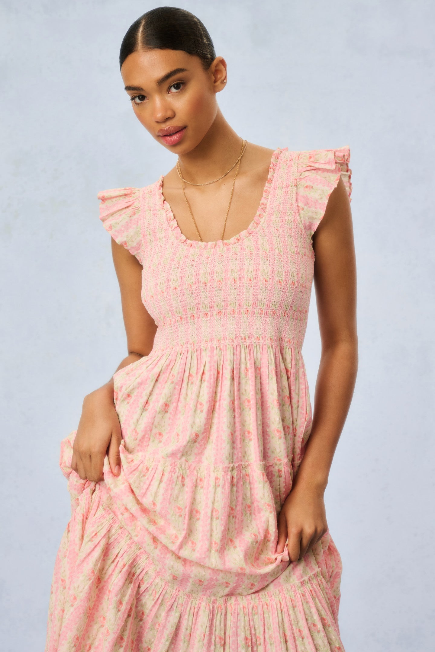 Chessie Fragrance Print Cotton Maxi Dress - STRAWBERRY MACAROON