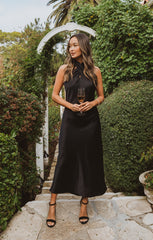 Jasmine Halter Midi Dress ~ Black Luxe Satin