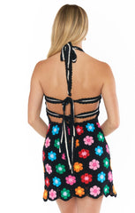 Happy Halter Mini Dress ~ Multi Black Flower Crochet